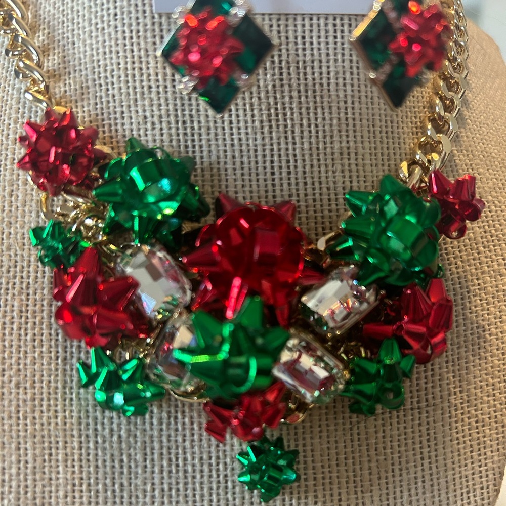Festive Red and Green Bow Necklace and Earring Set